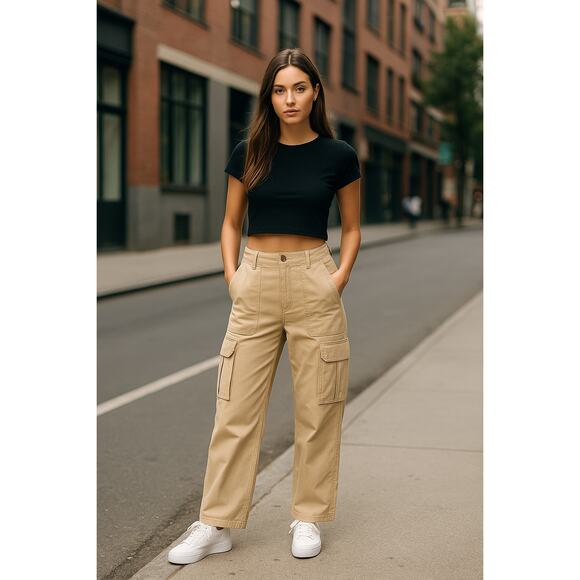 NWT Abercrombie & Fitch Relaxed Cargo Pants High Rise Straight Pockets Tan SZ 32 - Picture 1 of 13